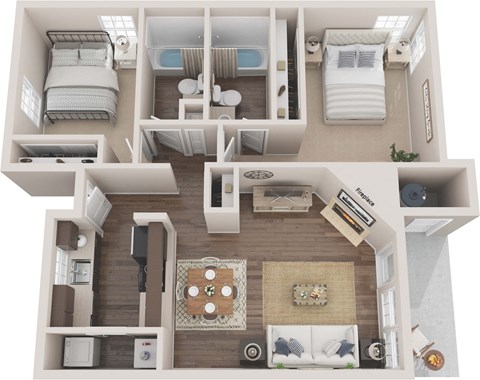 Floor plan for 2 beds, 2 baths, 1020 sqft